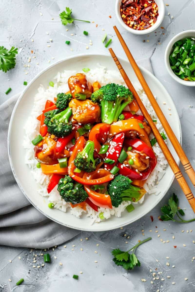 An inviting plate of chicken stir-fry with broccoli and peppers over white rice, showcasing the simplicity of fresh, healthy ingredients combined to create a satisfying low-calorie dinner.