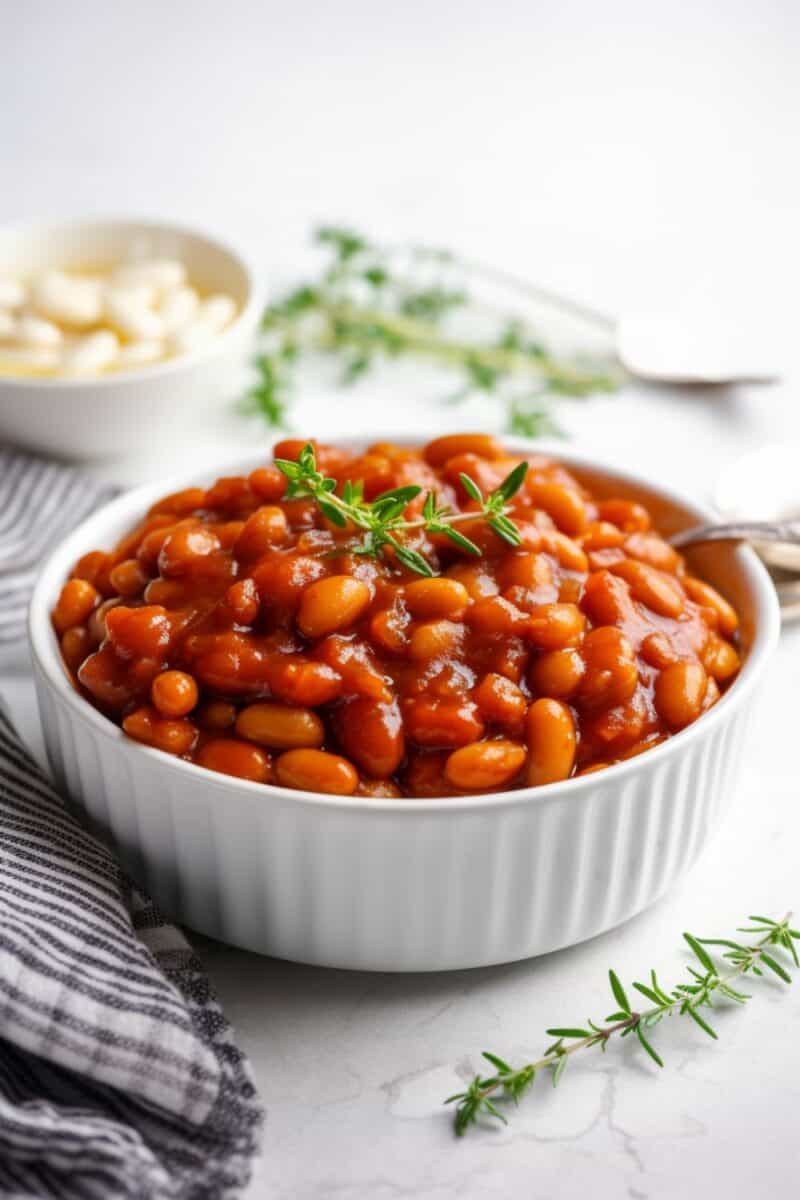 Close-up of a bowl of homemade baked beans, featuring navy beans and bacon, garnished with fresh parsley, perfect for comfort food recipes and gluten-free side dishes.