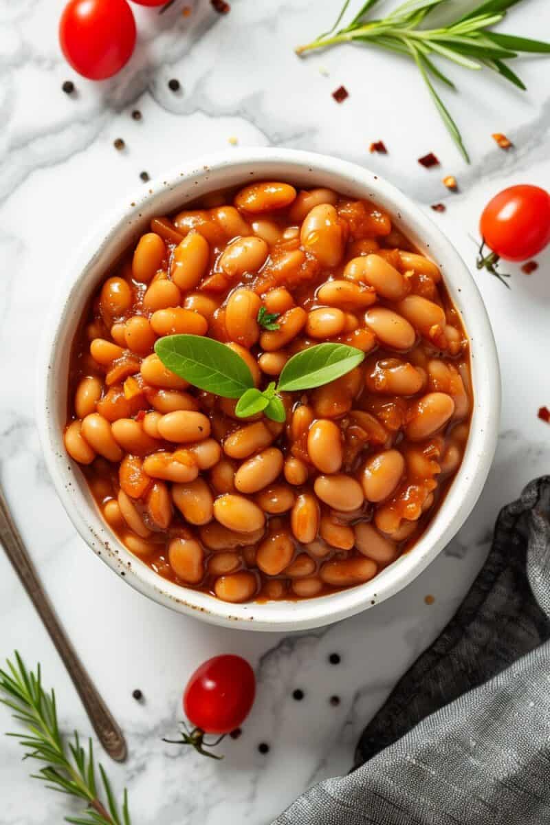 Top view of a bowl filled with made from scratch baked beans, showcasing the rich, savory sauce and tender beans, perfect for a comforting meal.