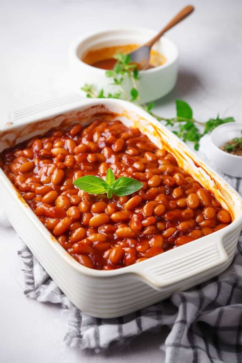 Oven-baked beans in a large baking dish, showcasing a blend of navy beans, apple juice, and spices, perfect for complementing any BBQ picnic or family gathering.