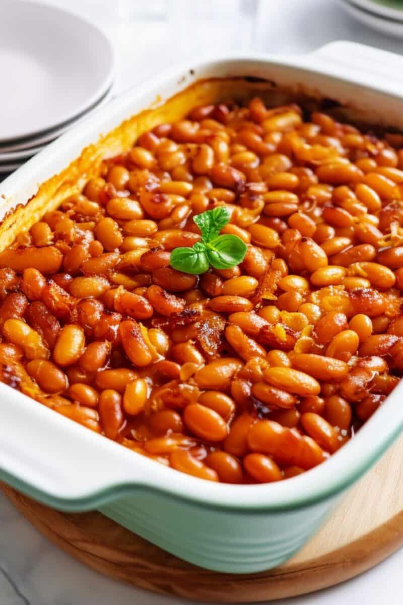Homemade baked beans in a baking dish, rich with navy beans, bacon, and a molasses-based sauce, ready for a cozy family dinner or a BBQ side dish.
