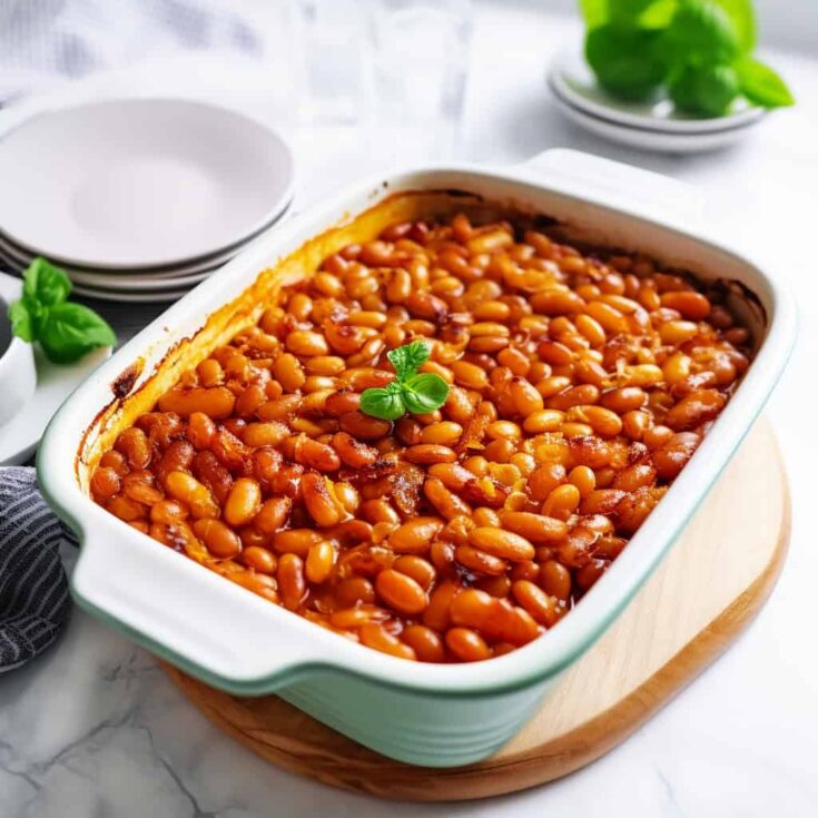 A baking dish filled with savory homemade baked beans, slow-cooked with tomato sauce and maple syrup, embodying classic comfort food for summer meals.