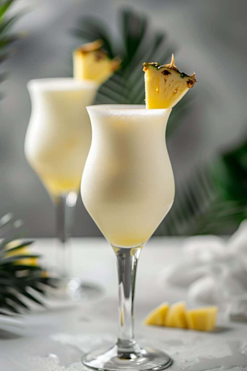 Two glasses of creamy Piña Colada topped with a pineapple slice and cherry, embodying the perfect summer cocktail recipe.