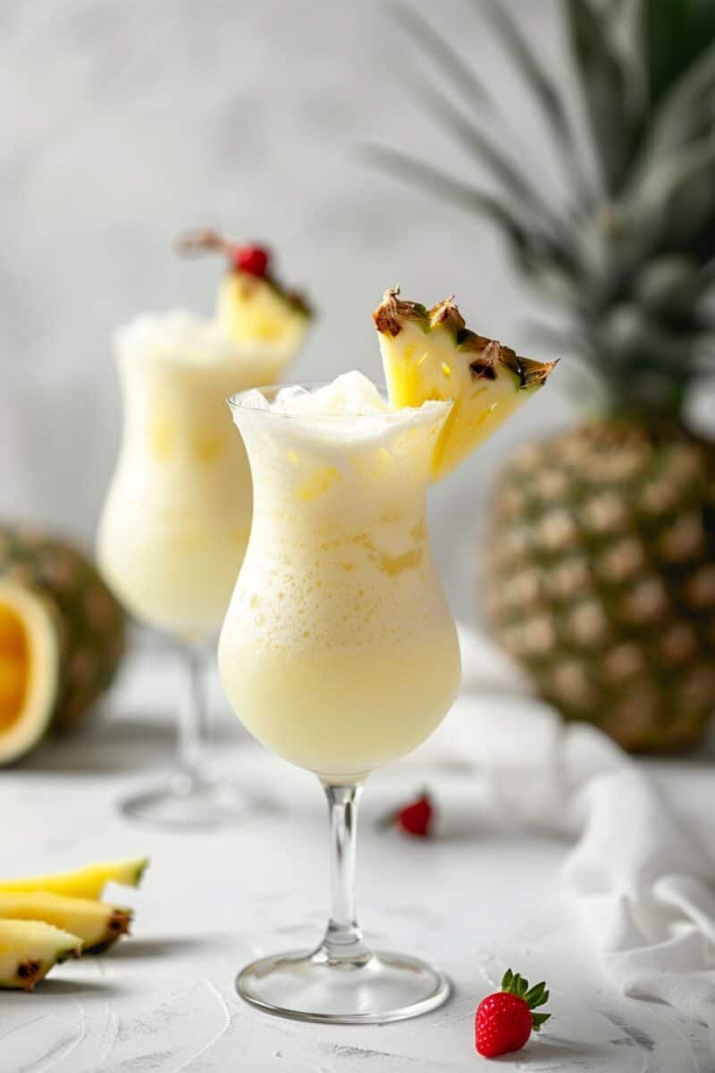 Close-up of two refreshing Piña Colada glasses, showcasing the smooth blend of coconut cream and pineapple juice, ideal for sipping poolside.