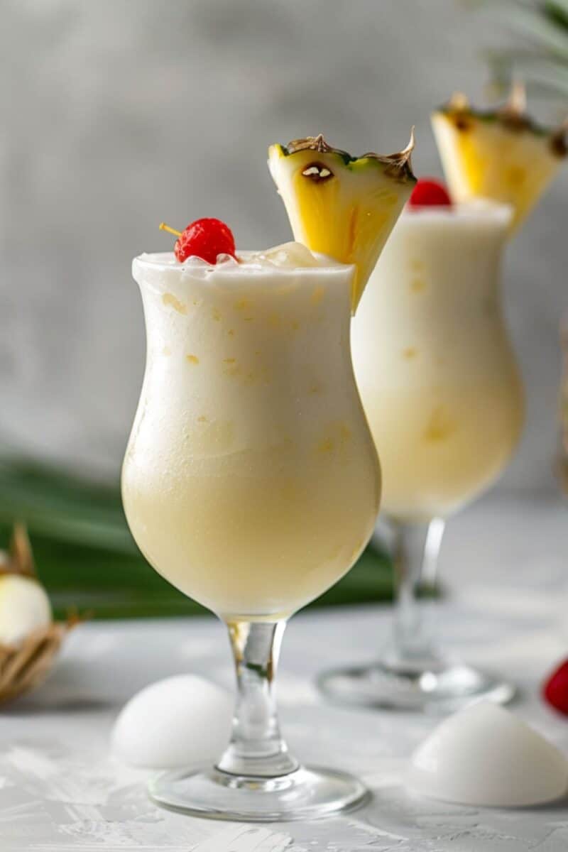 Close-up of a homemade Piña Colada in a tall glass, highlighting the smooth blend of coconut cream and pineapple juice with rum.
