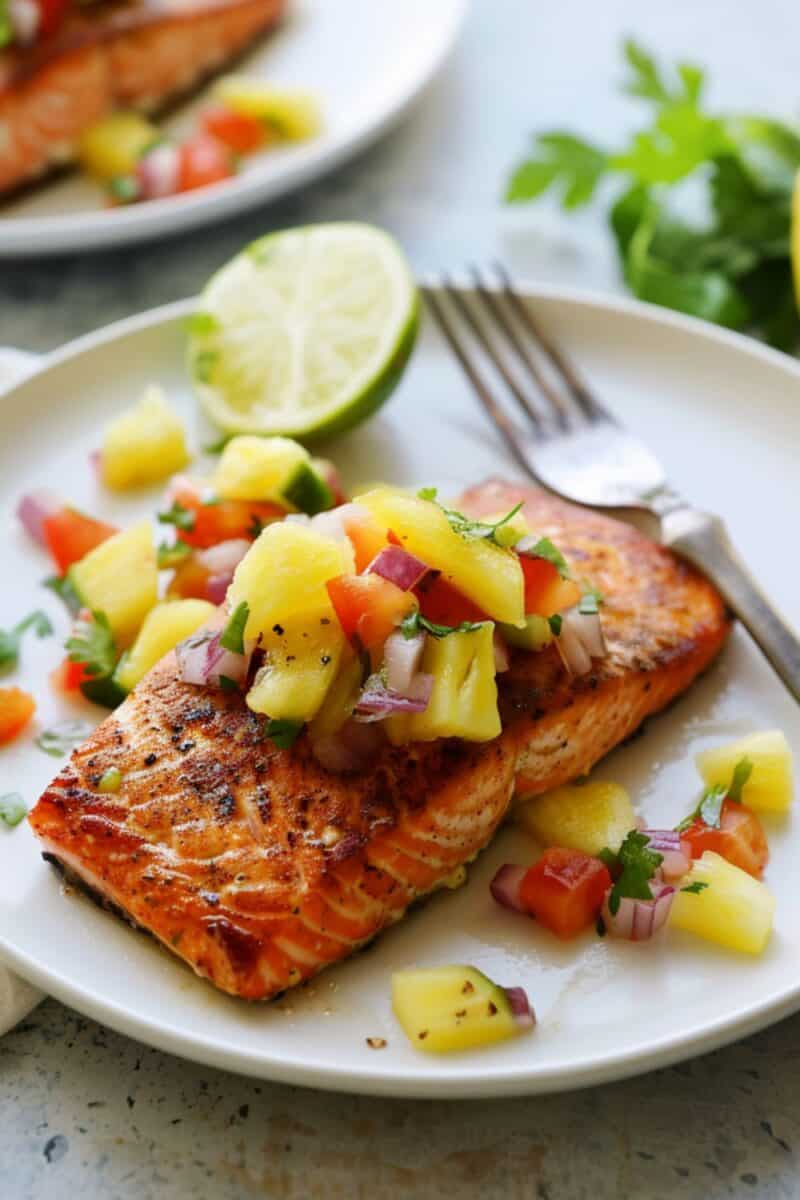 Delicious pan-seared salmon, garnished with a zesty pineapple salsa, offering a refreshing twist on a traditional fish recipe for a summer meal.