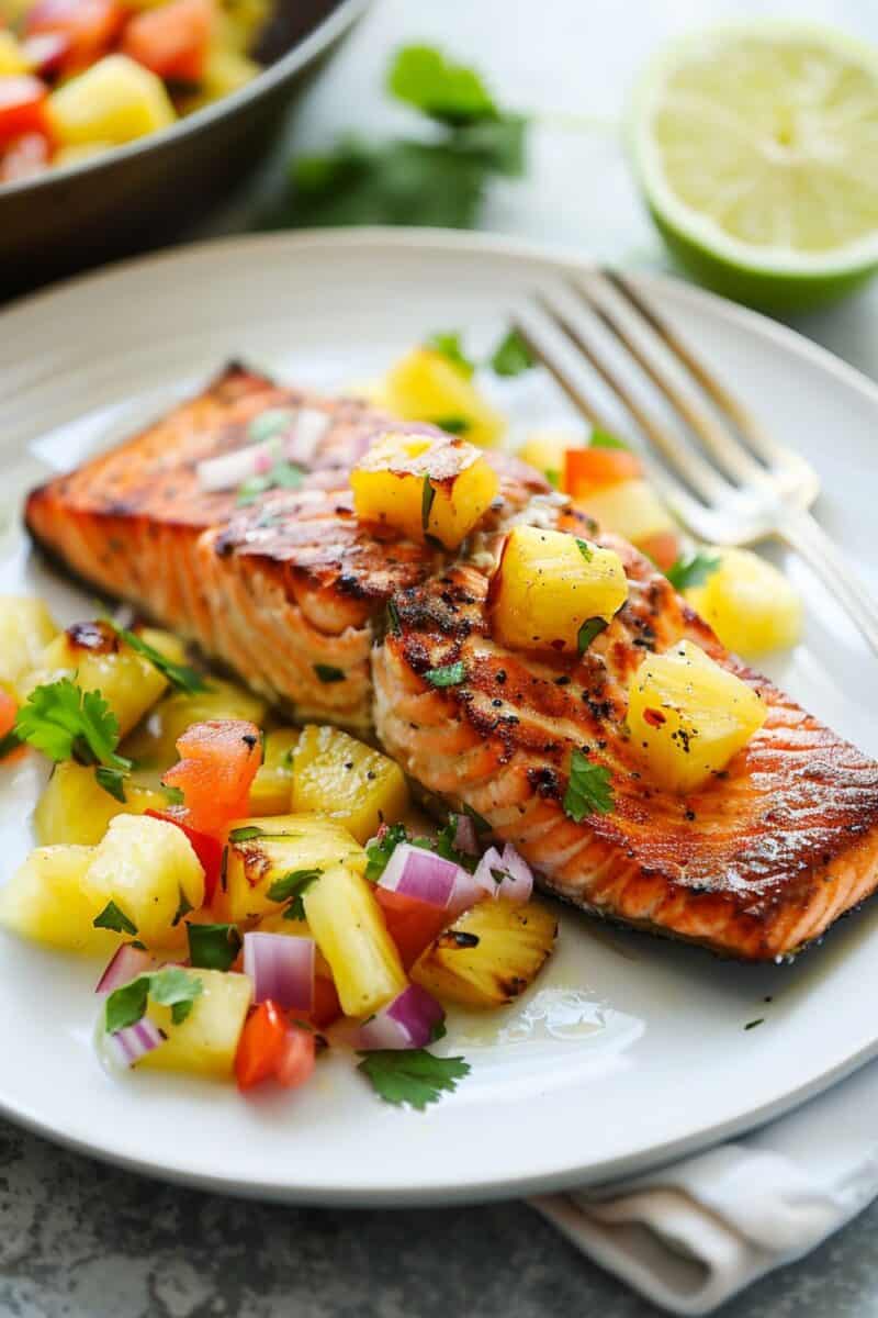 Juicy salmon with a golden crust, complemented by a tangy and sweet pineapple salsa, presenting an ideal quick weeknight meal that's both nutritious and delicious.