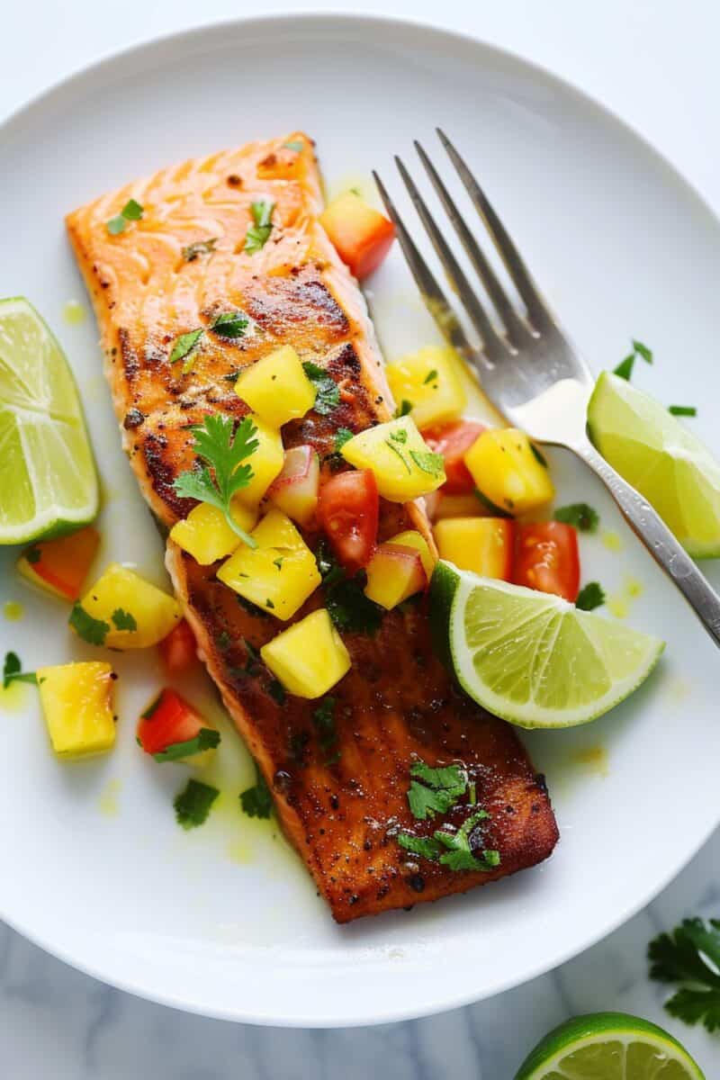 Overhead shot of a beautifully cooked pan-seared salmon fillet, topped with a bright and fresh pineapple salsa, arranged on a plate for a visually appealing, easy-to-make summer meal.