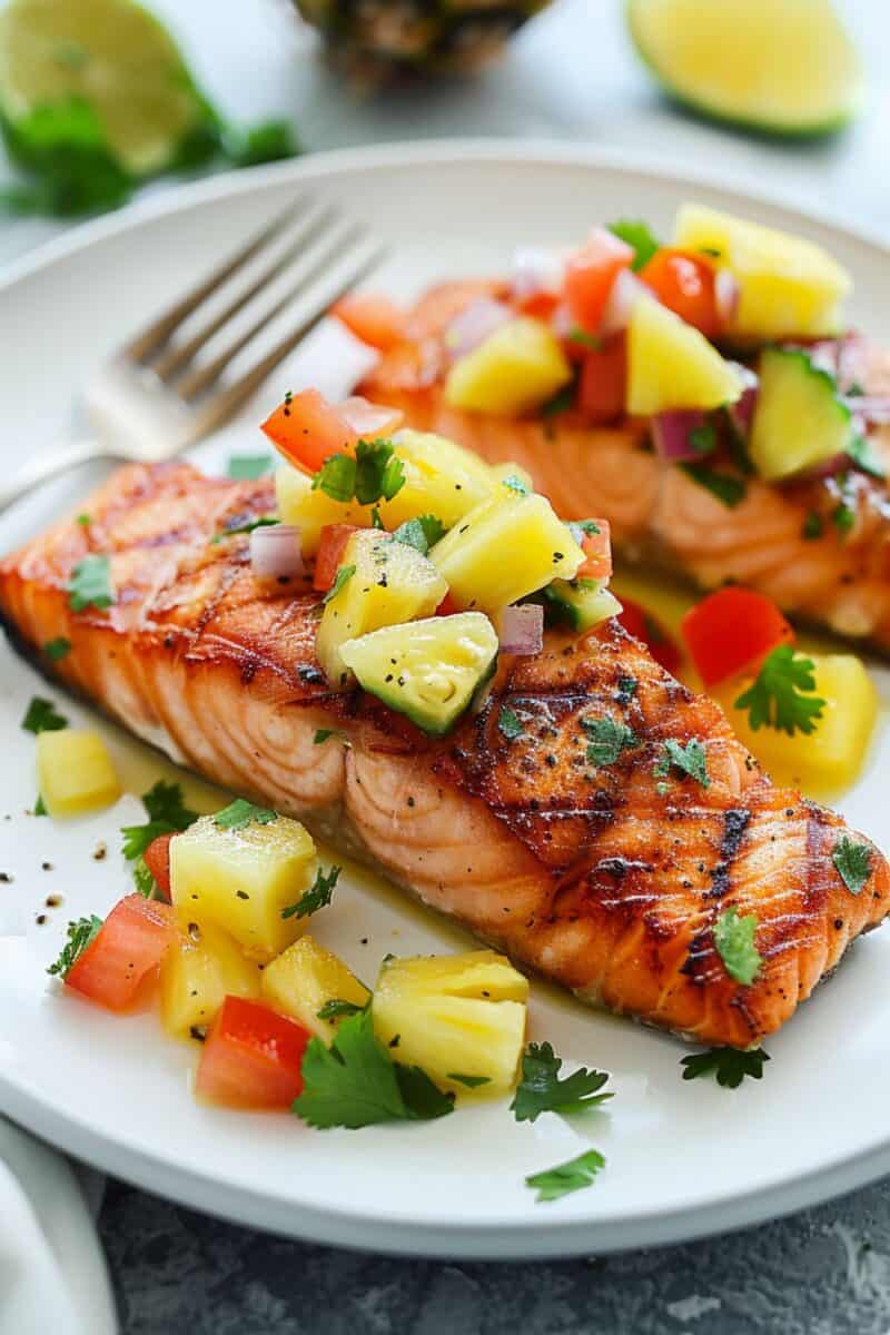 Two Bright and flavorful salmon fillets, paired with a spoonful of pineapple salsa, captures the essence of a super flavorful, easy-to-make summer dinner idea.