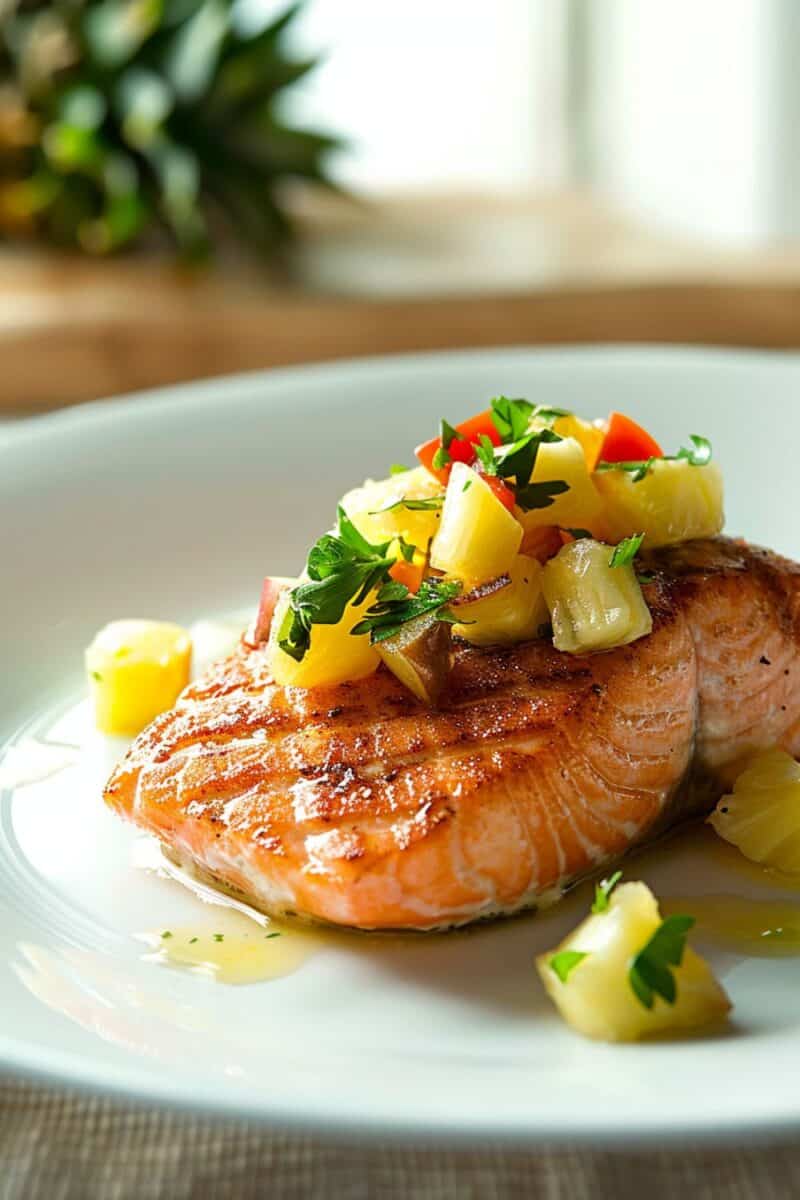 Close-up of succulent salmon, crisped to perfection and topped with homemade pineapple salsa, embodying an easy prep, go-to recipe for any night.