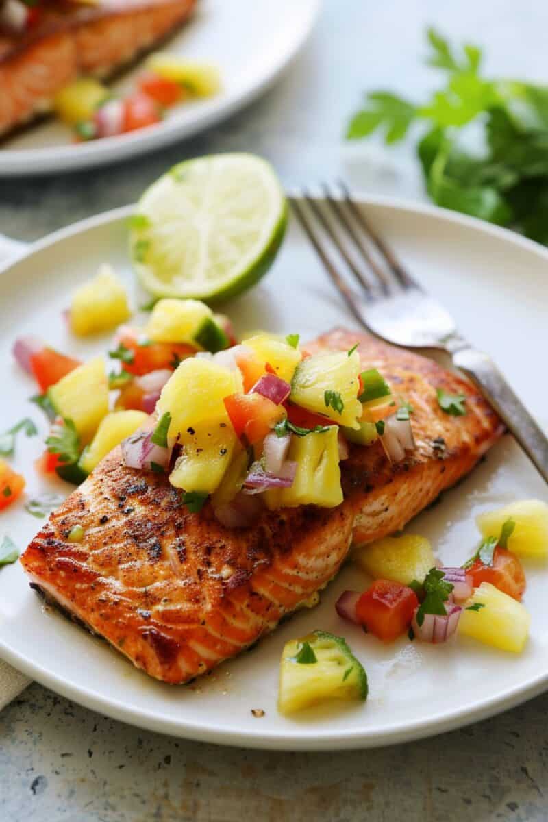 A plate of crisp, perfectly cooked salmon crowned with fresh, colorful pineapple salsa, ready in minutes for an easy-to-make, flavorful family dinner.