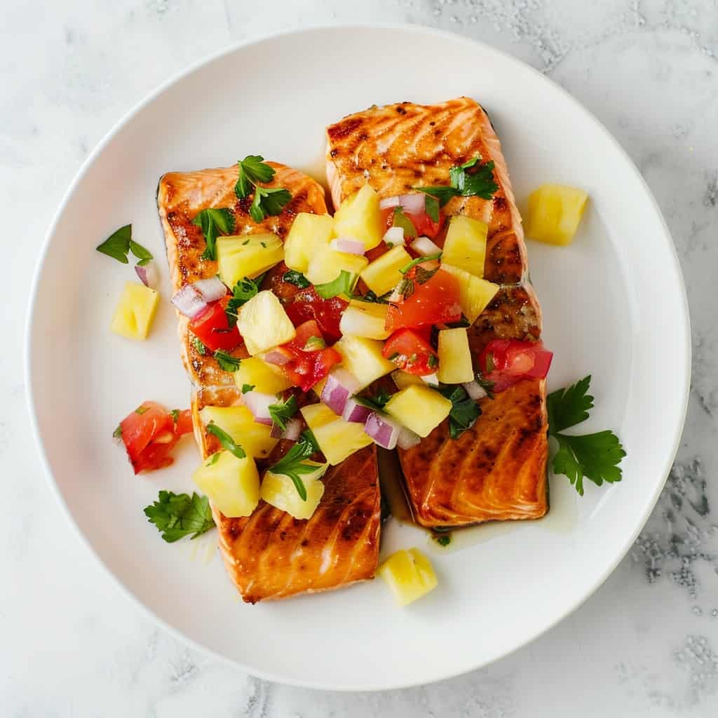 Golden, pan-seared salmon fillet topped with vibrant pineapple salsa, showcasing a perfect balance of savory and sweet flavors for a light, summer meal.