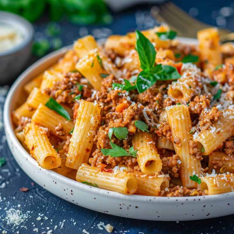 Easy, tasty 30-Minute Meals for Quick Family Dinners, featuring rigatoni bolognese served in white plate garnished with basil leaves.