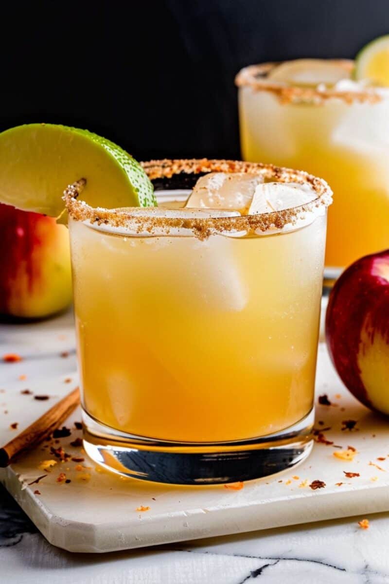 An Apple Cider Margarita beautifully presented in a glass with a salted rim, garnished with a slice of apple and a cinnamon stick, ready for an autumn toast.