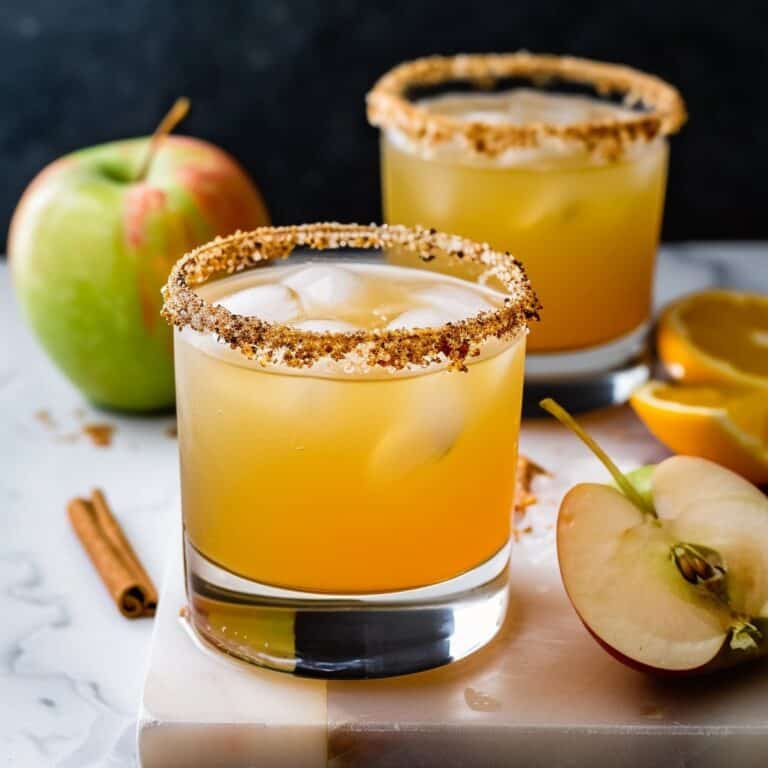 Close-up of a festive Apple Cider Margarita, showcasing its golden hue and autumnal garnishes, ready to elevate any fall celebration.