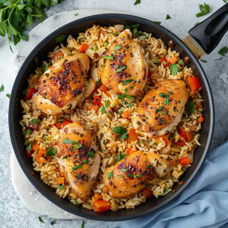 A skillet filled with savory chicken and rice, perfectly cooked and ready to serve, symbolizing easy and nutritious back to school dinners.