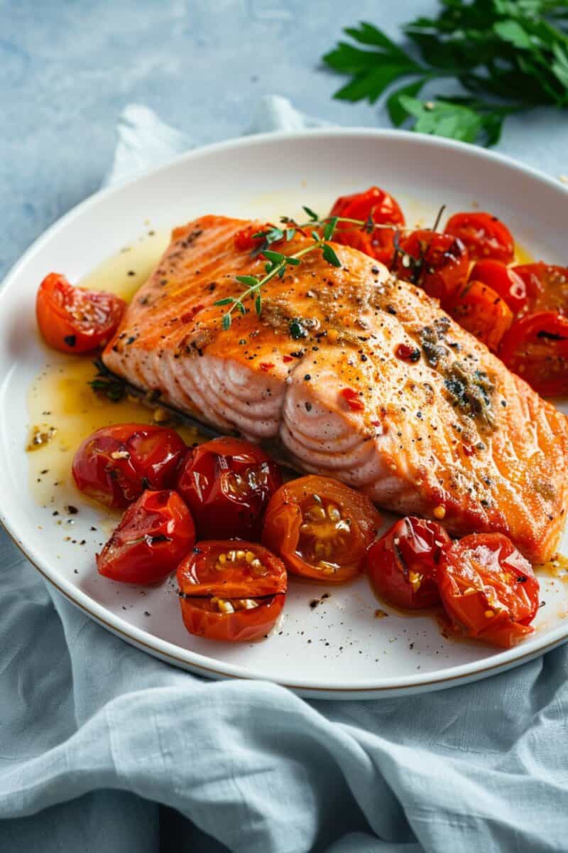 A vibrant dish of baked salmon fillets surrounded by roasted cherry tomatoes on a baking sheet, showcasing a healthy and colorful meal.