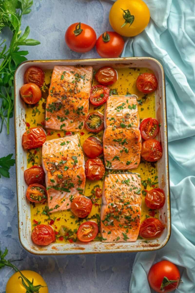 Top-down shot of salmon and tomatoes on a sheet pan, highlighting the vibrant colors and ready-to-bake arrangement for a quick and healthy dinner.