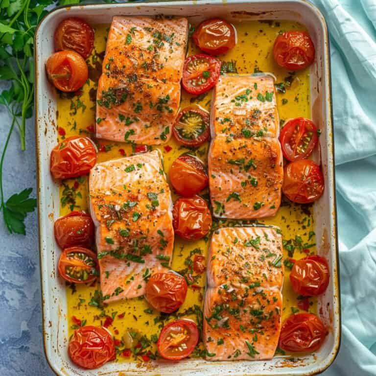 Juicy cherry tomatoes and perfectly baked salmon fillets on a sheet pan, illustrating an easy and healthy one-pan dinner option.