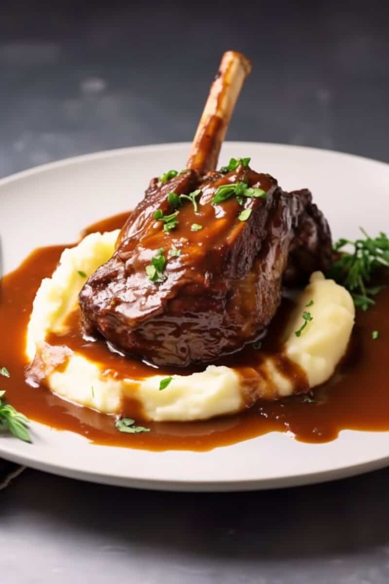 Tender braised lamb shank resting on a bed of velvety mashed potatoes, a hearty and satisfying dish perfect for any occasion.