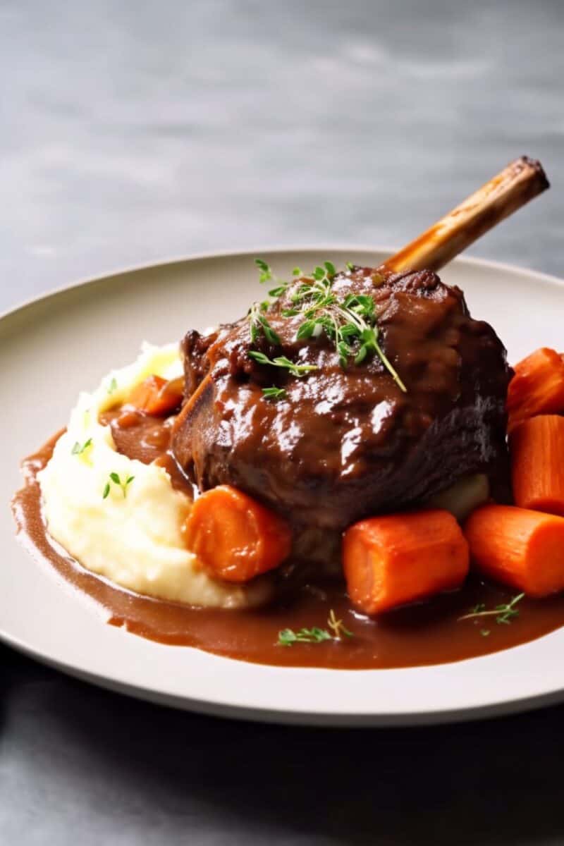 Slow-cooked lamb shank infused with savory herbs and spices, delivering a tender and flavorful dining experience.