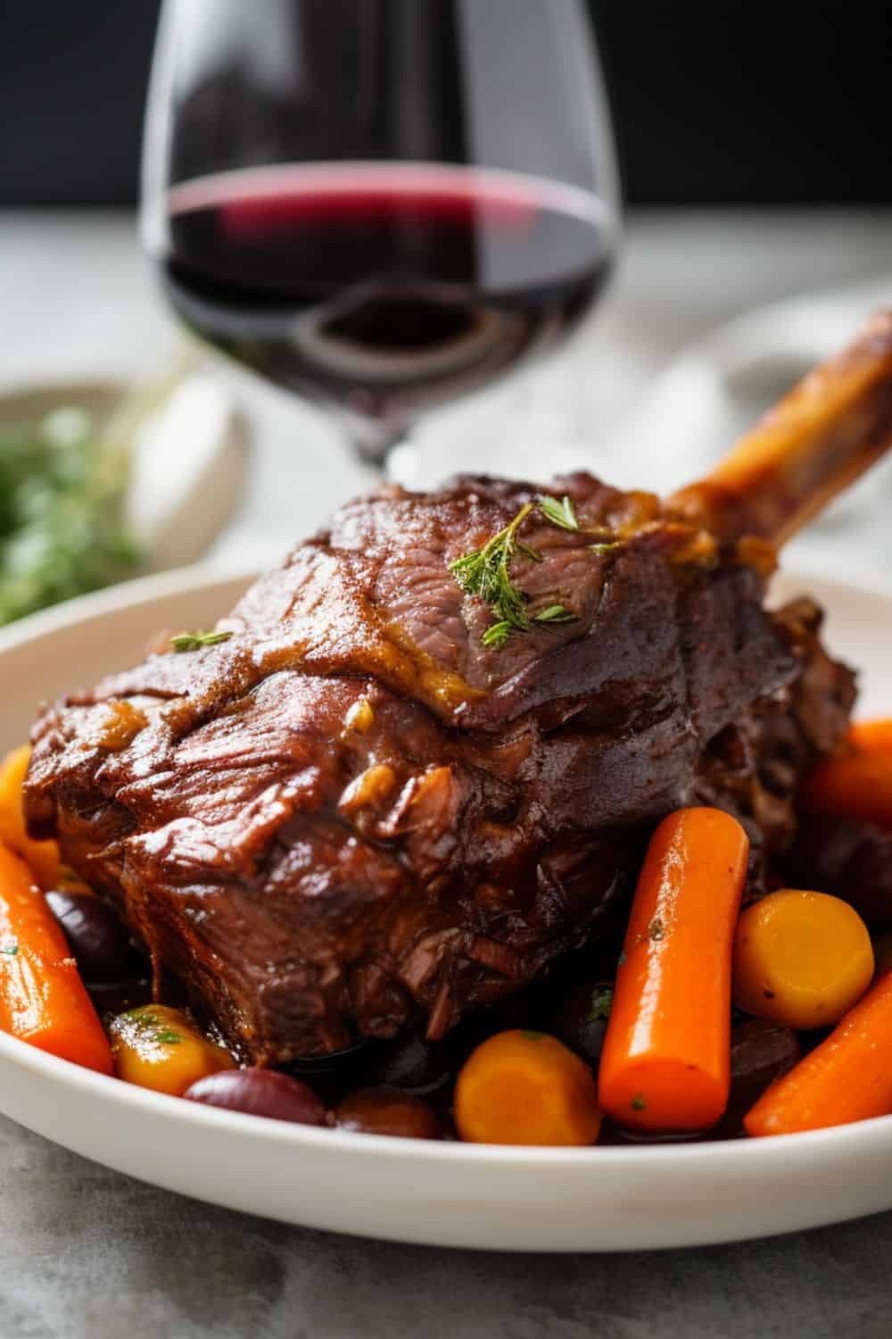 A delectable red wine-infused lamb shank pot roast, simmered to perfection, offering a savory and indulgent dining experience.