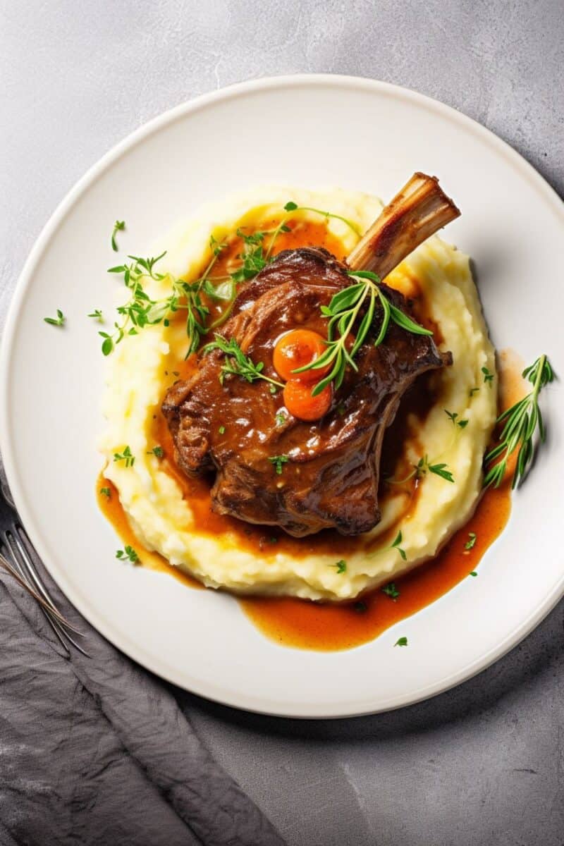 A plate showcasing a tender braised lamb shank atop creamy mashed potatoes, garnished with fresh herbs, embodying a rustic and comforting meal.