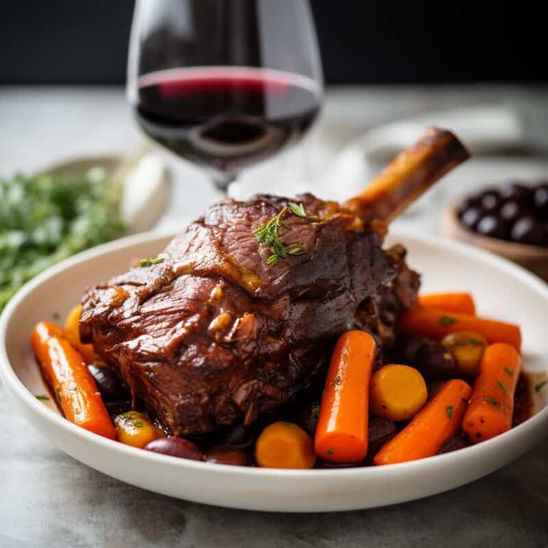 Succulent braised lamb shank accompanied by roasted root vegetables, embodying a rich and comforting culinary experience.