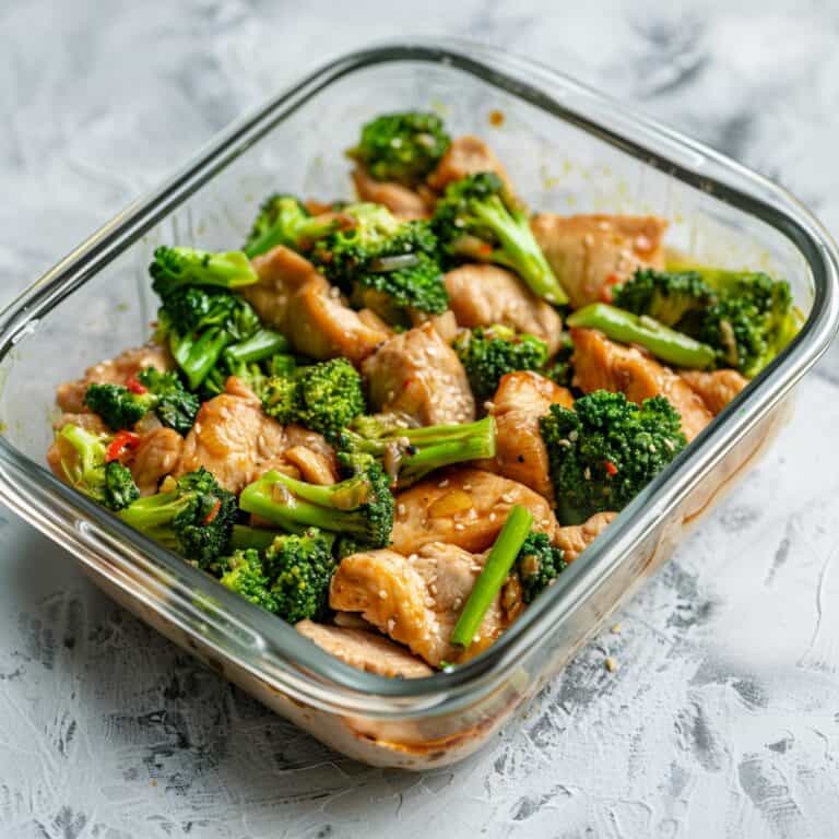 Healthy Chicken Broccoli Stir-Fry meal prep in glass containers, showcasing cubed chicken, fresh broccoli, and a savory sauce, ready for a nutritious week.