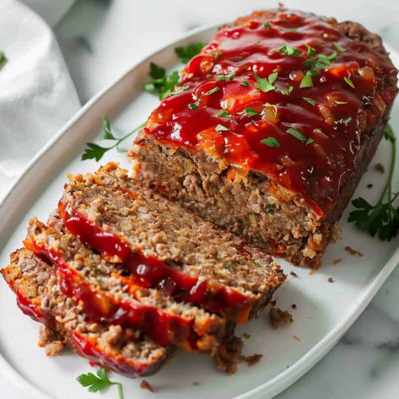 Sliced classic beef and pork meatloaf on a serving platter, ready to be enjoyed at a family dinner.
