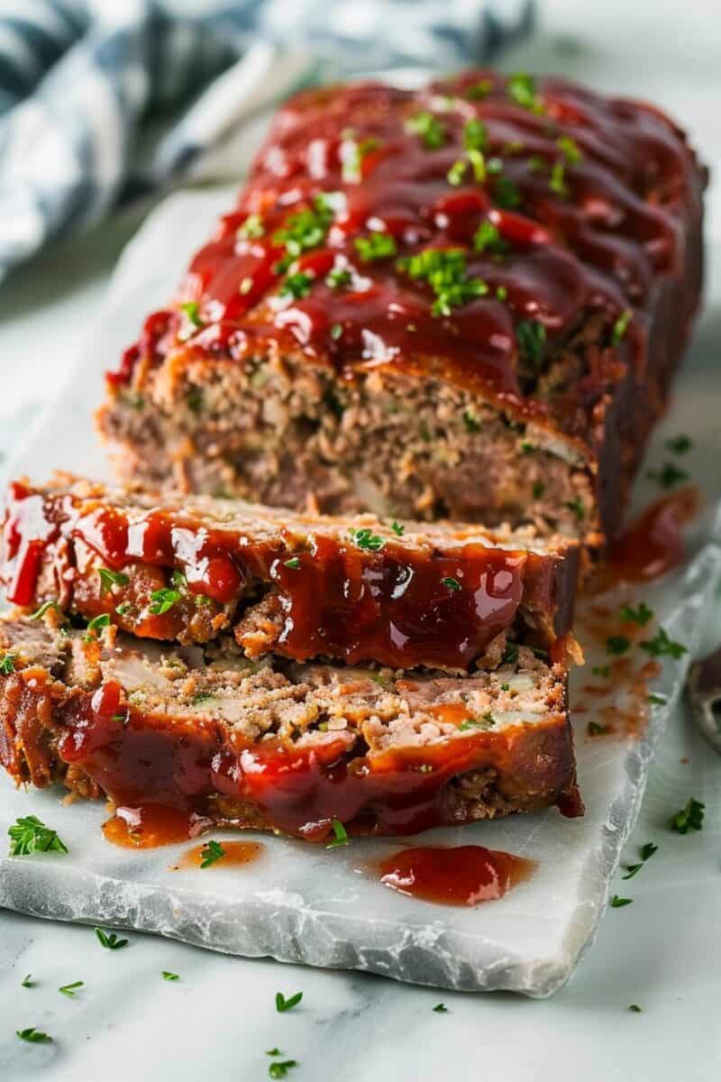 Top view of sliced classic beef and pork meatloaf.