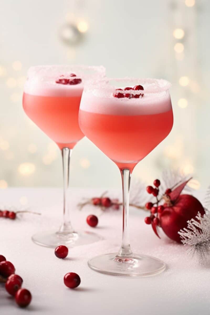 Festive holiday setting featuring two Cranberry Bellini cocktails, beautifully garnished with fresh cranberries.