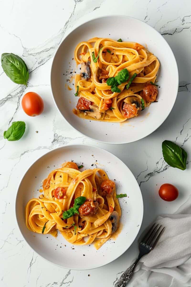 Two plates of Creamy Tuscan Tomato Pasta side by side, each brimming with twirls of fettuccine in a lush, tomato cream sauce, dotted with fresh basil leaves for an aromatic touch.