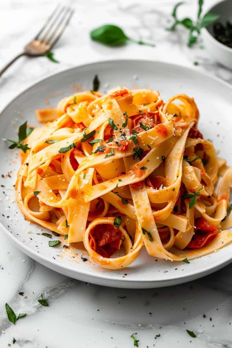 Close-up of Rich and Creamy Tuscan Pasta, emphasizing the lush, velvety sauce and perfectly cooked pasta, finished with a sprinkle of fresh herbs for a pop of color.
