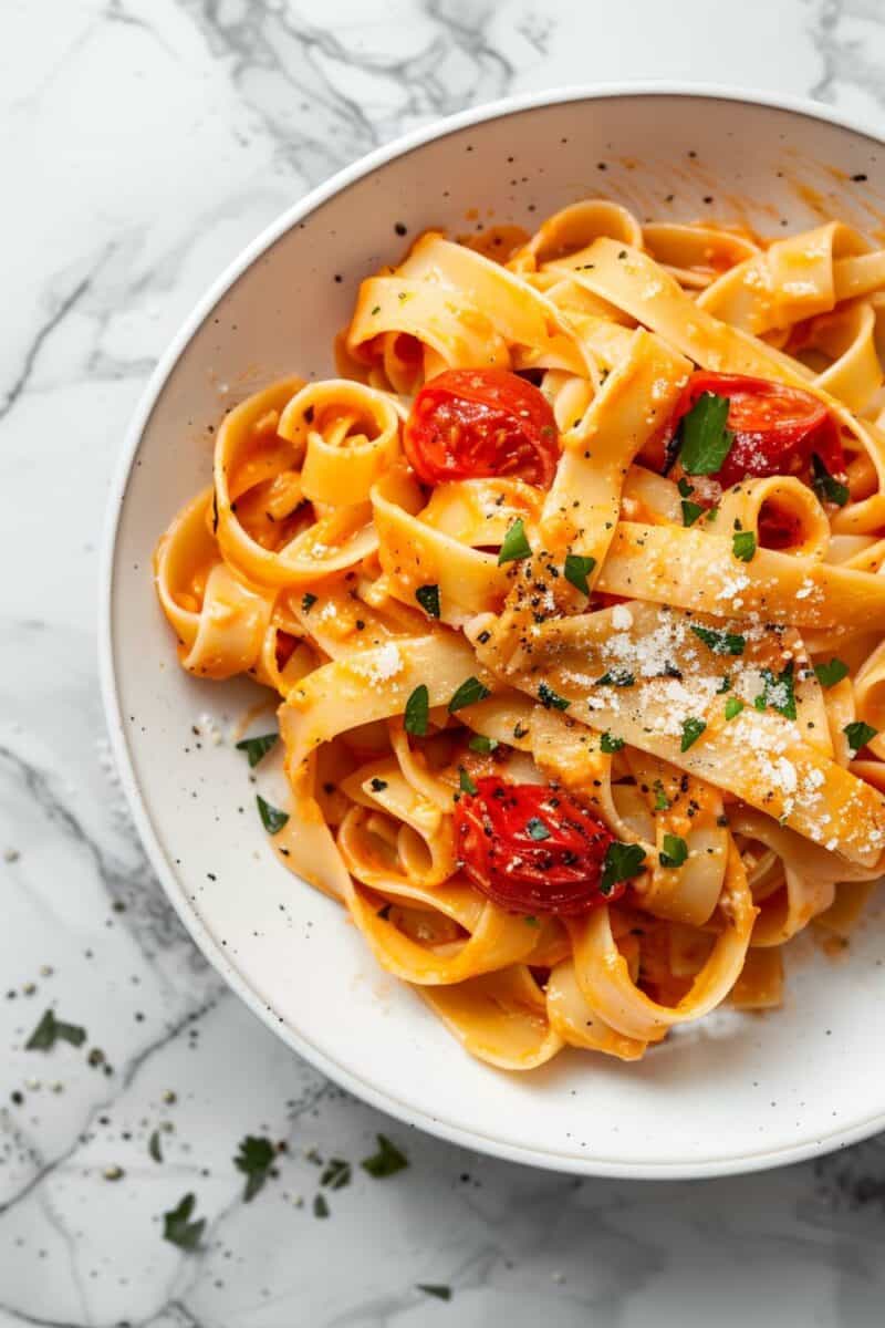 A serving of Rich and Creamy Tuscan Pasta, with a generous helping of creamy, tomato-infused sauce blanketing tender pasta, accented by fresh green basil.