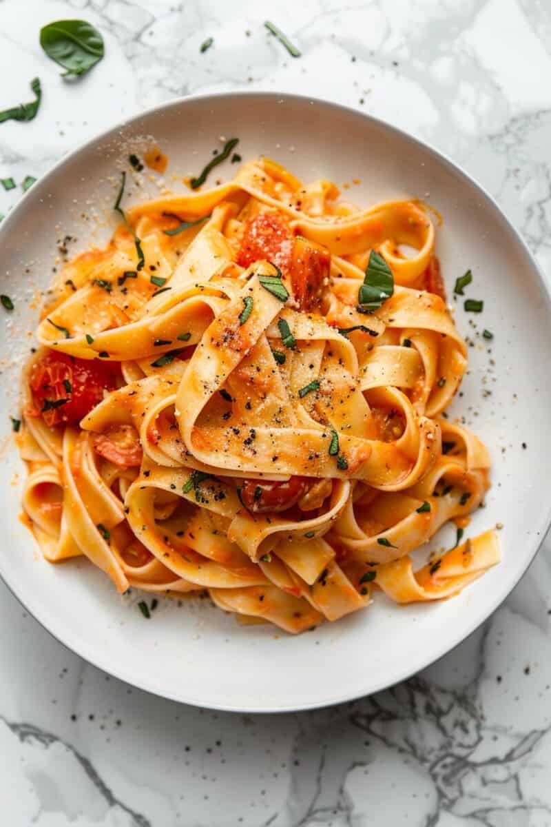 A plate of Tuscan-Style Creamy Tomato Fettuccine, showcasing perfectly cooked noodles coated in a smooth tomato cream sauce, topped with fresh herbs.
