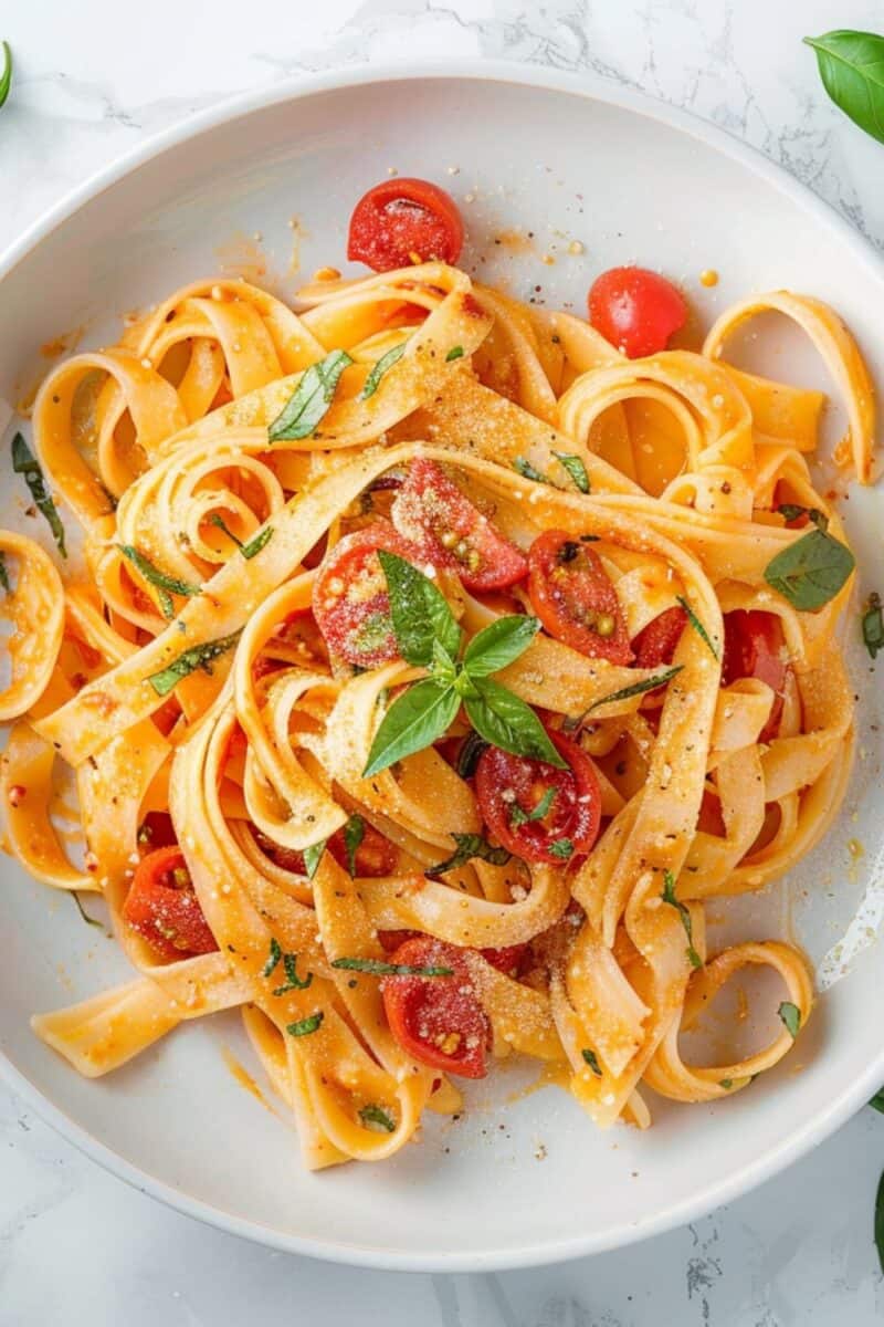 Close-up view of Creamy Tuscan Tomato Pasta with ripe cherry tomatoes and creamy sauce clinging to al dente fettuccine noodles, sprinkled with grated Parmesan.