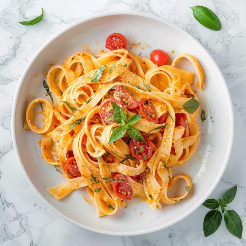 A bowl of Creamy Tuscan Tomato Pasta, featuring twirls of fettuccine enveloped in a rich, tomato-based cream sauce garnished with fresh basil leaves.