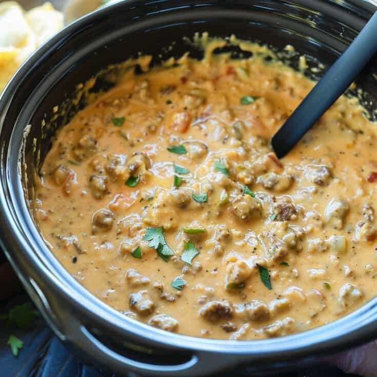 Overhead image of a creamy Crock Pot Queso with Beef and Sausage, featuring melted cheese blended with ground beef and sausage, garnished with fresh herbs. A spoon is nestled inside the pot, ready for serving.