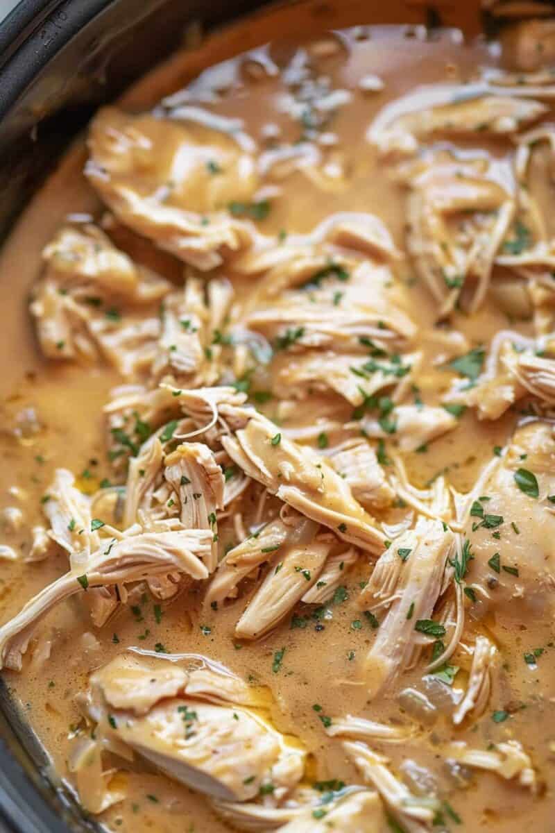 An overhead view of a crockpot filled with chicken tenderloins covered in rich, creamy gravy, capturing the essence of a warm, home-cooked meal.