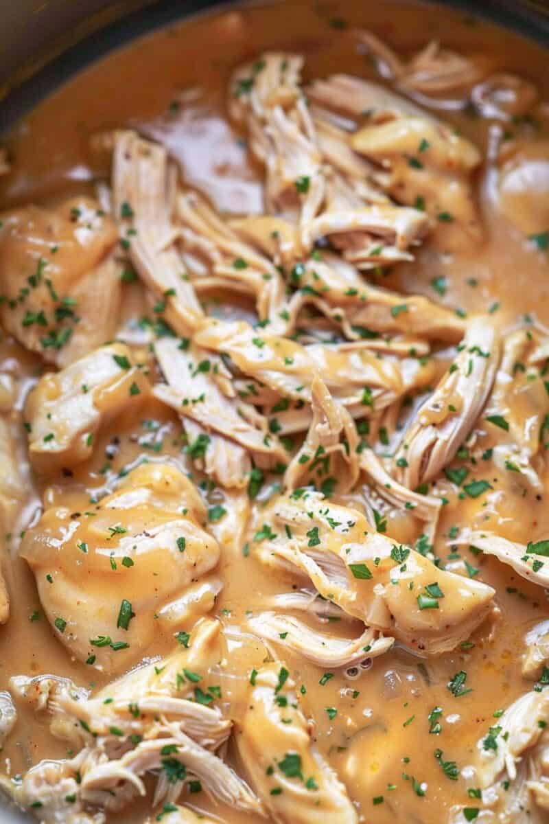 Juicy chicken thighs covered in rich gravy within a crockpot, showcasing the tender, flavorful meal.