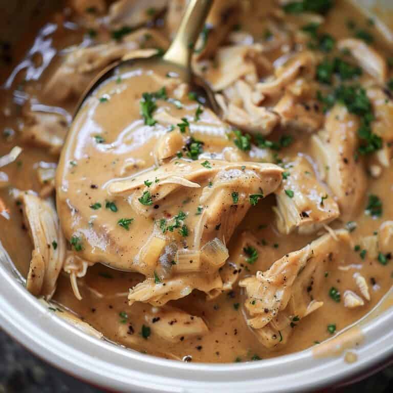 A spoon scoops up savory gravy from a crockpot filled with tender Crockpot Chicken and Gravy, showcasing the rich, creamy sauce coating the chicken.