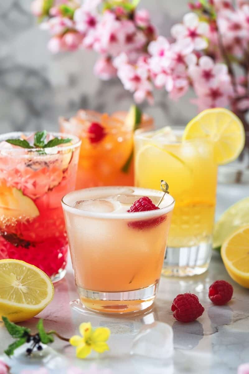 A vibrant display of four colorful Easter cocktails, each brimming with the essence of spring, set against a delicate backdrop of cherry blossoms.