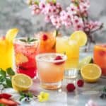 A captivating arrangement of six colorful Easter cocktails, each vividly representing the lively spirit of spring, complemented by an enchanting background of cherry blossoms.