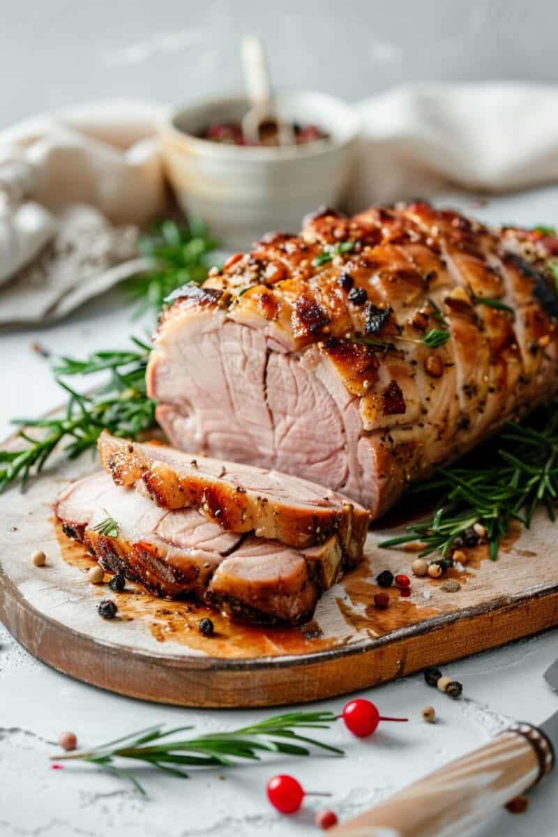 A juicy pork roast on a wooden board, with half of it expertly sliced, revealing a succulent interior and a crispy outer crust, invitingly ready for dining.
