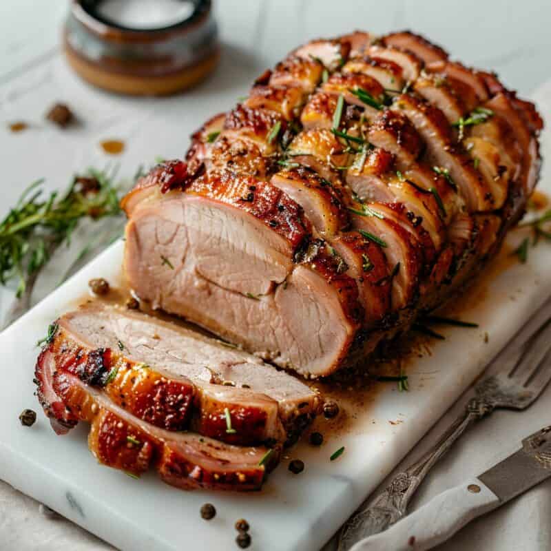 Pork roast on a cutting board, half sliced, showcasing the juicy interior and perfectly browned exterior, ready to be served.