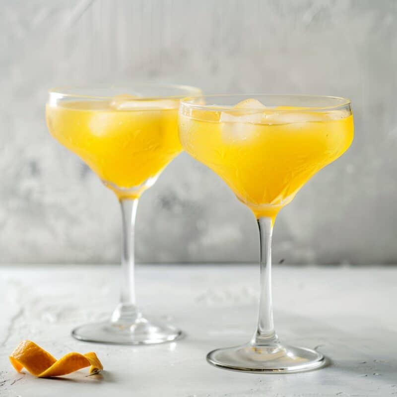 Two El Sueño Cocktails served in elegant glasses, showcasing its bright and inviting color, topped with a fresh orange twist, ready to be enjoyed at a festive gathering, surrounded by Mexican appetizers for a full fiesta vibe.