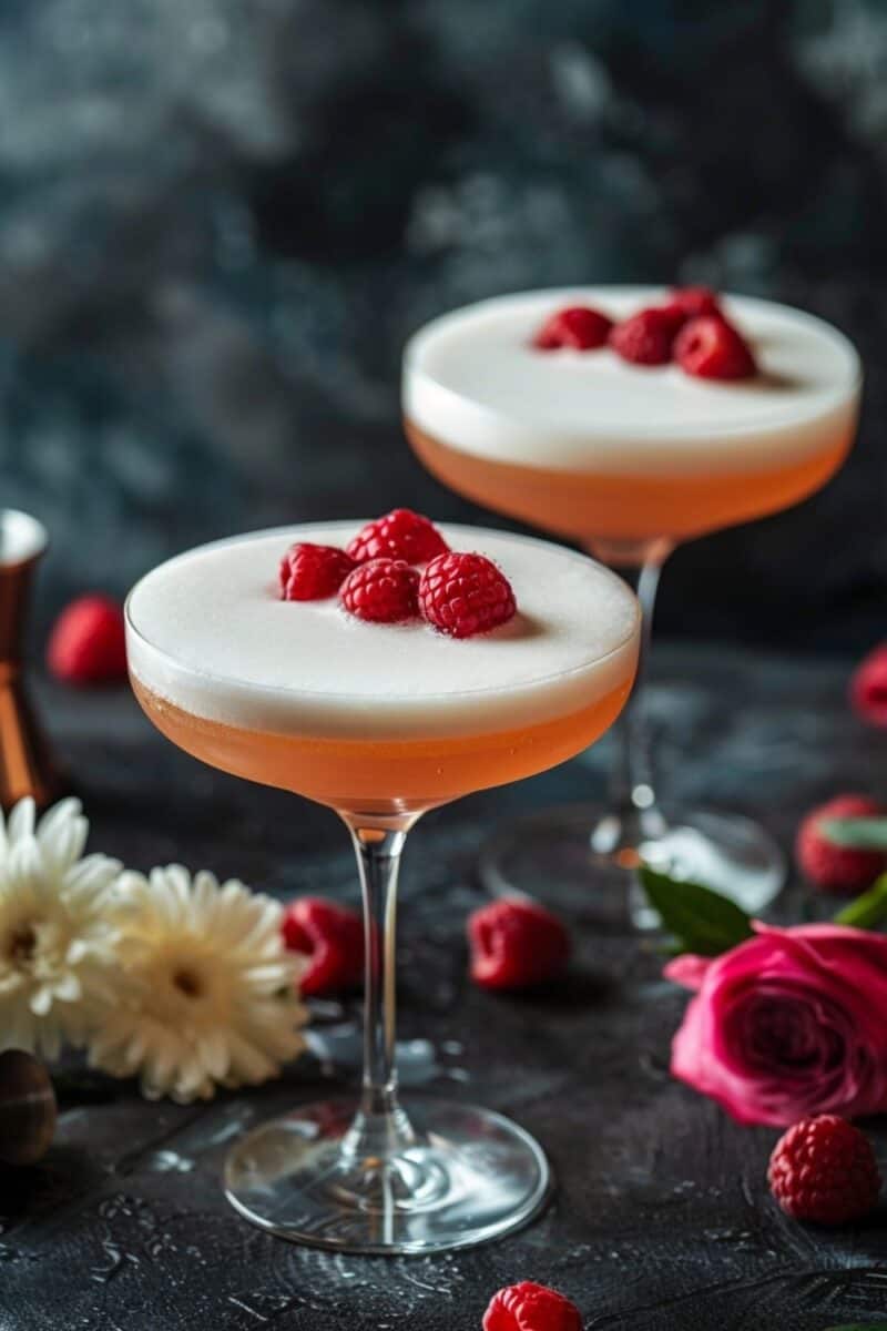  pair of beautifully crafted French Martinis, complete with raspberry garnishes, capturing the essence of luxury cocktail hour.