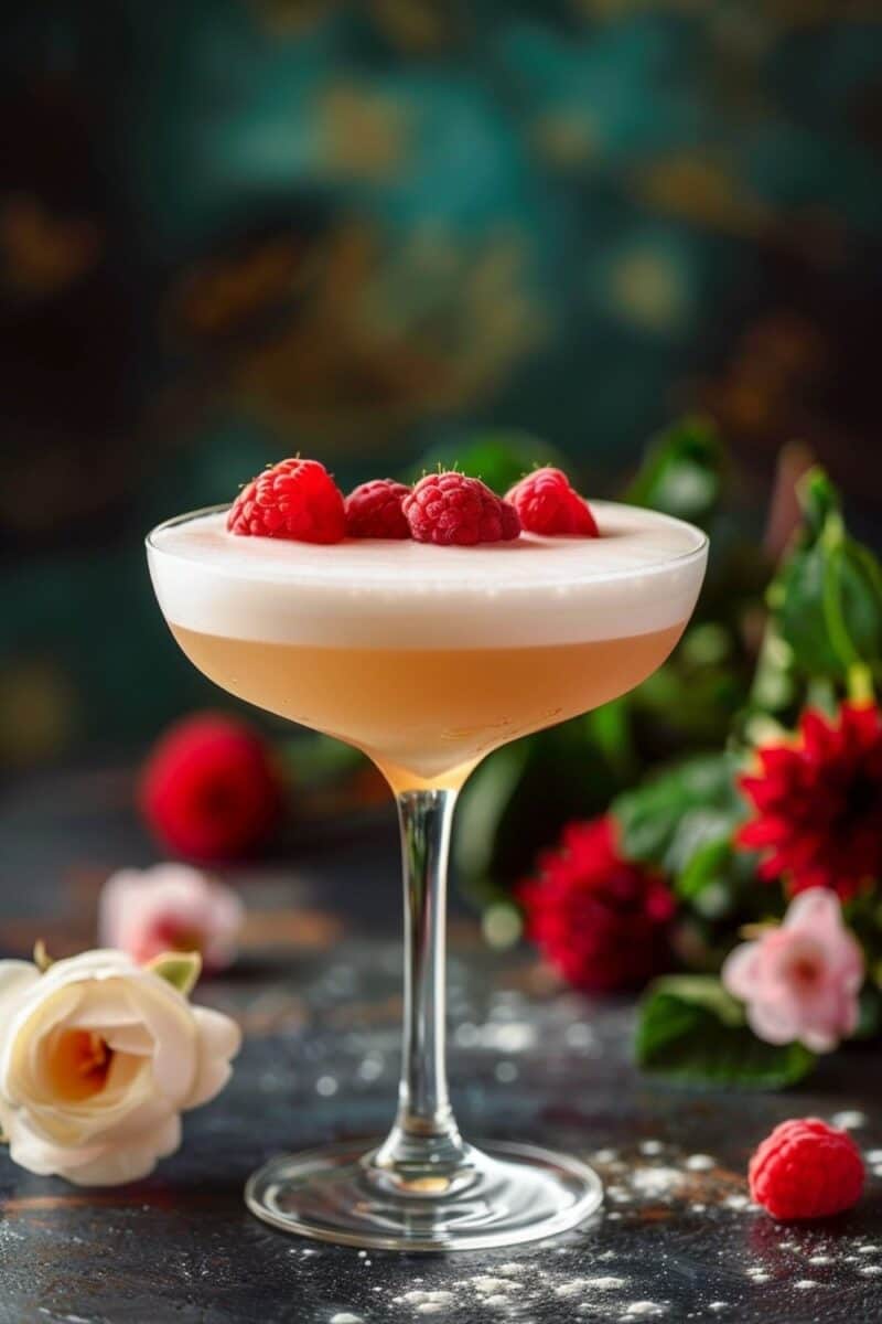 Elegant French Martini cocktail in a chilled glass, garnished with raspberries, ready to be enjoyed.