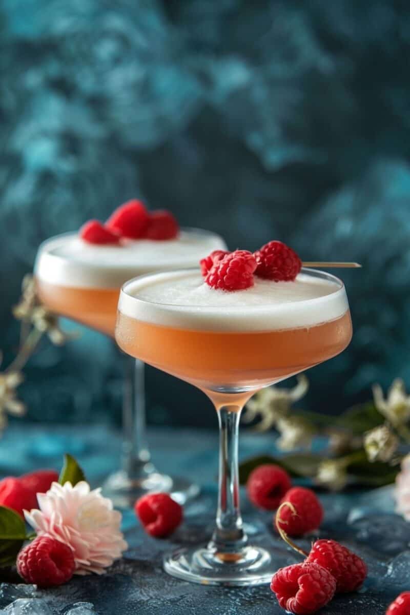 Overhead view of two French Martinis on a table, their frothy tops and raspberry garnishes creating a symmetrical display of cocktail artistry.
